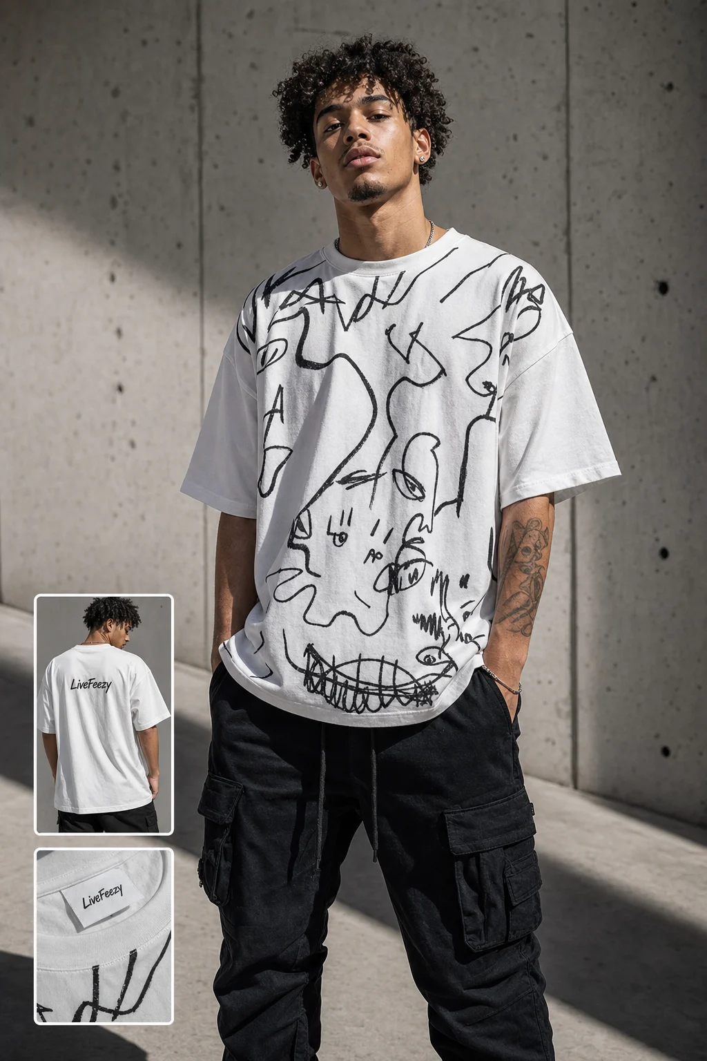 LiveFeezy tee with detail callouts campaign photo