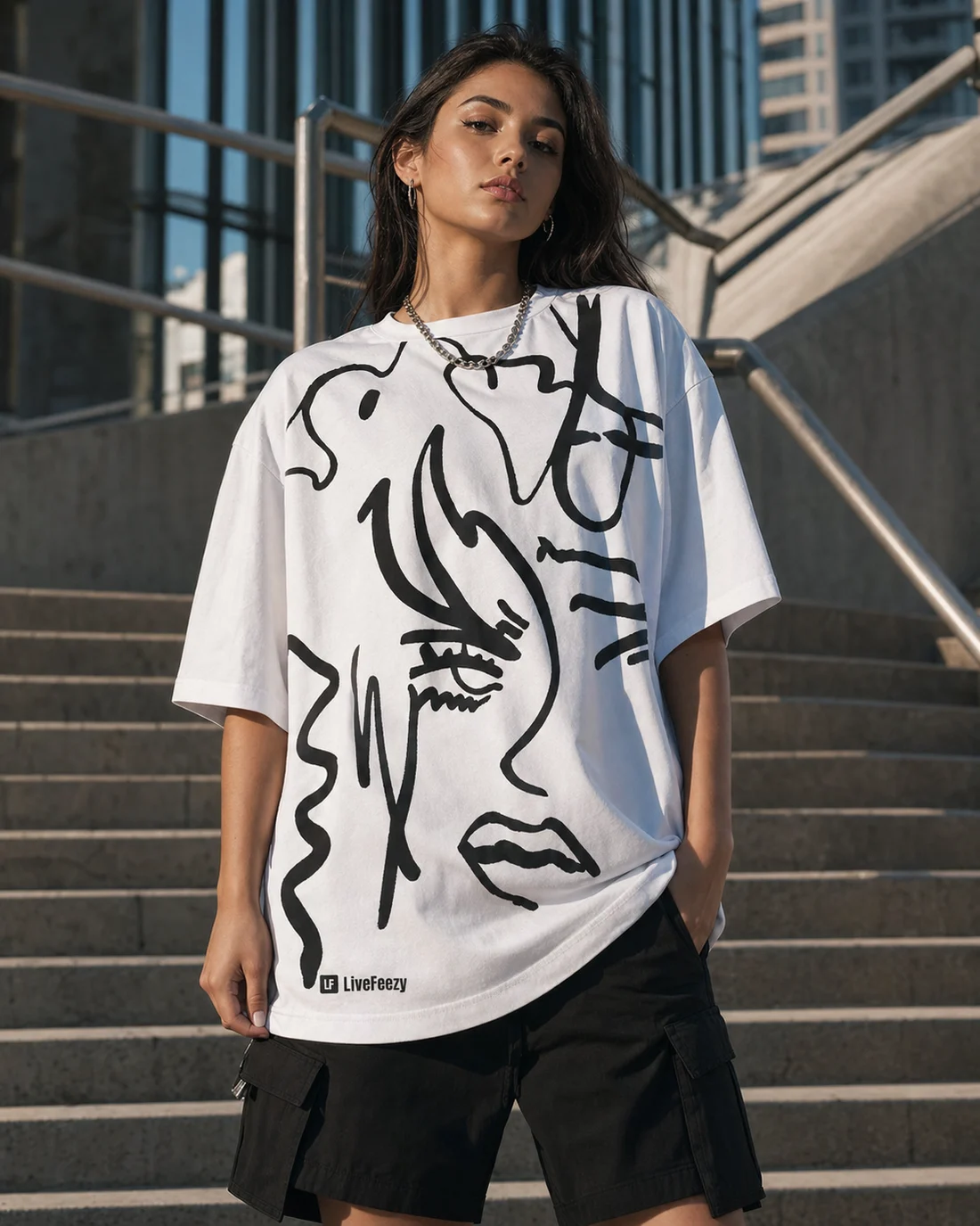 LiveFeezy oversized white graphic tee campaign photo